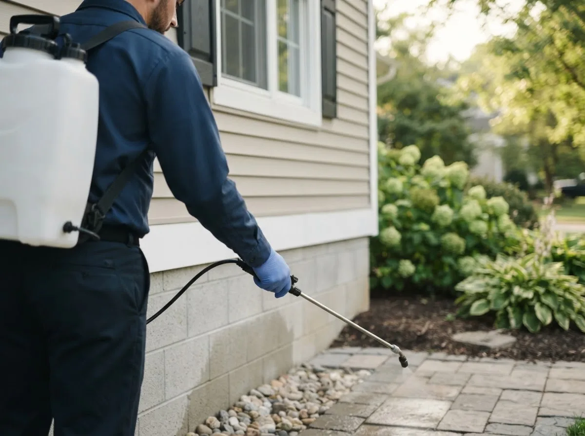 Pest control technician inspecting a home in Kimball, NE